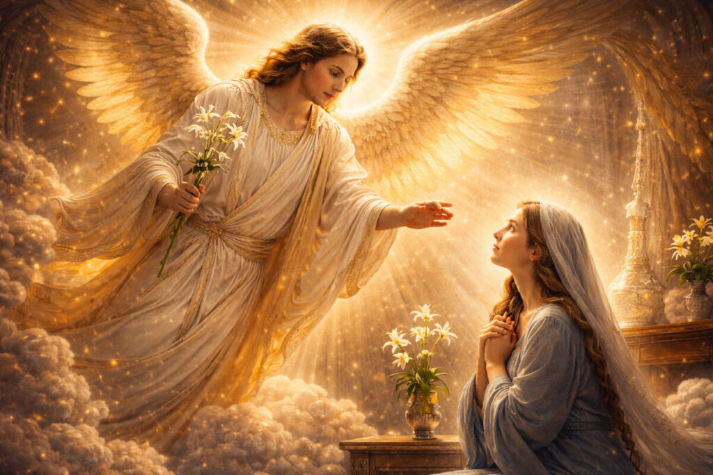 ángel anunciando un mensaje divino descendiendo del cielo con luz celestial según la Biblia
