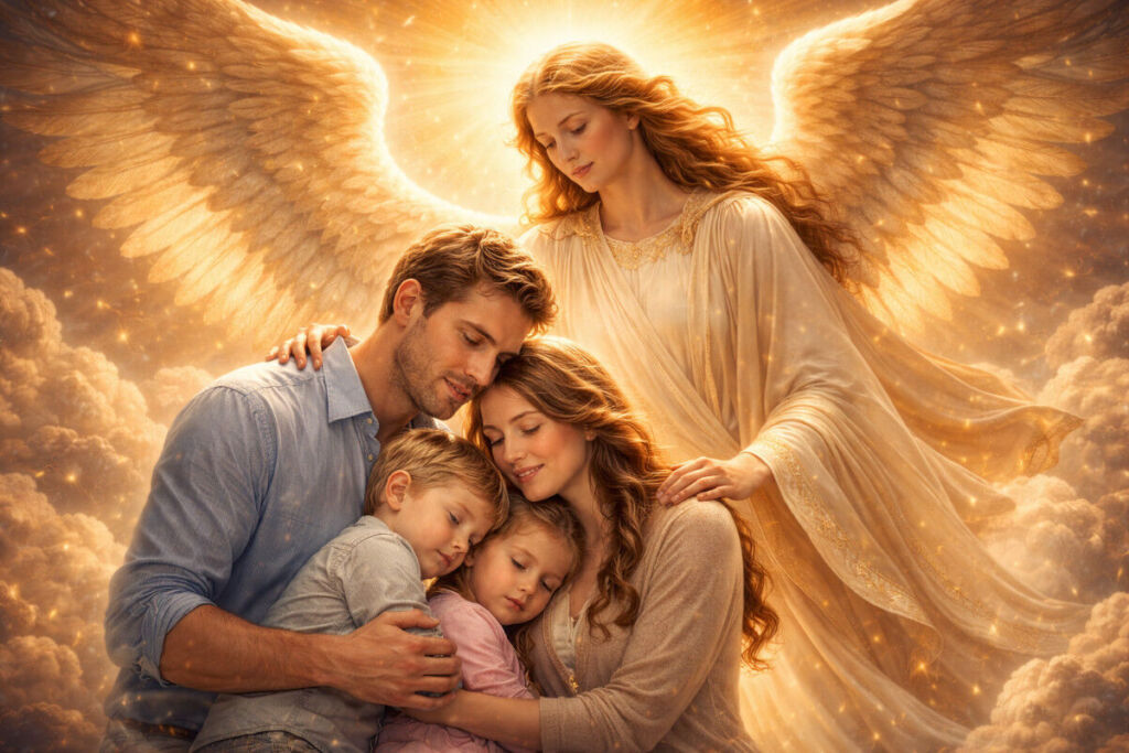 ángel protegiendo a una persona con sus alas símbolo de protección divina y guía espiritual