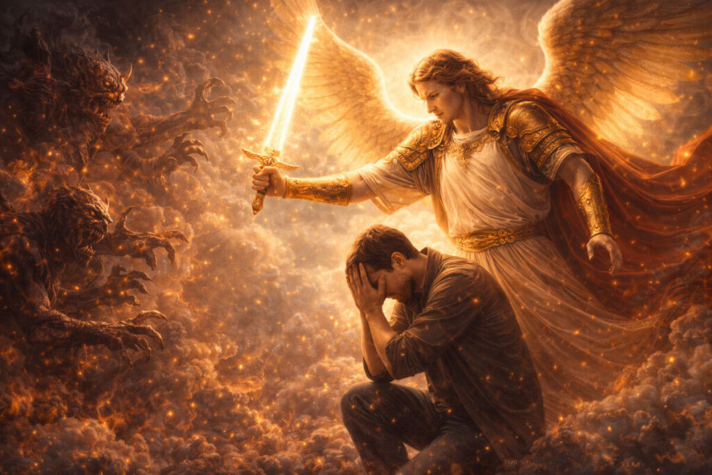 ángel luchando contra el mal con espada de luz en una batalla espiritual simbolizando la protección divina