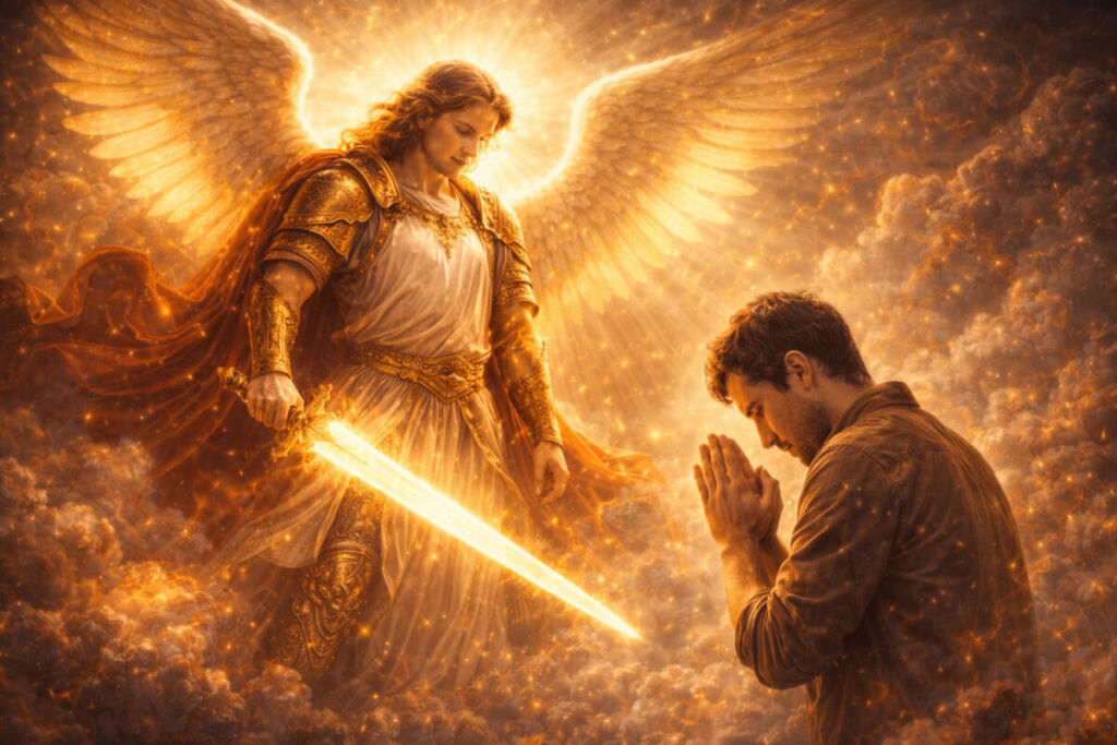 oración a San Miguel Arcángel representación espiritual con luz divina y protección contra el mal