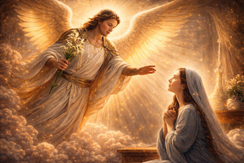 San Gabriel Arcángel anunciando un mensaje divino con lirio blanco símbolo de pureza en la tradición cristiana