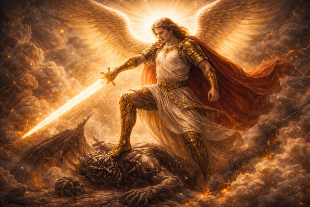 San Miguel Arcángel luchando contra el mal con espada de luz simbolizando la victoria divina