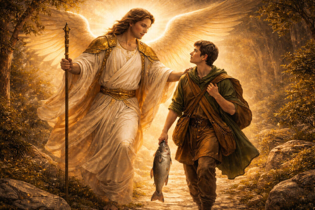 San Rafael Arcángel guiando a Tobías con un pez símbolo de sanación en la tradición bíblica