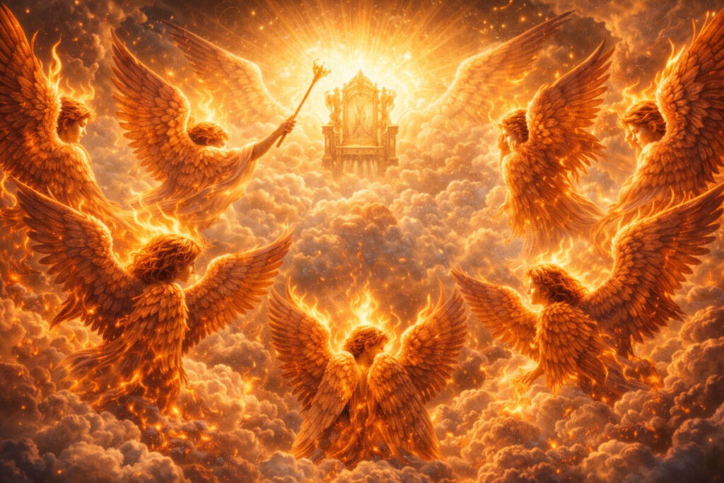 serafines ángeles de fuego con seis alas adorando a Dios en el cielo según la Biblia