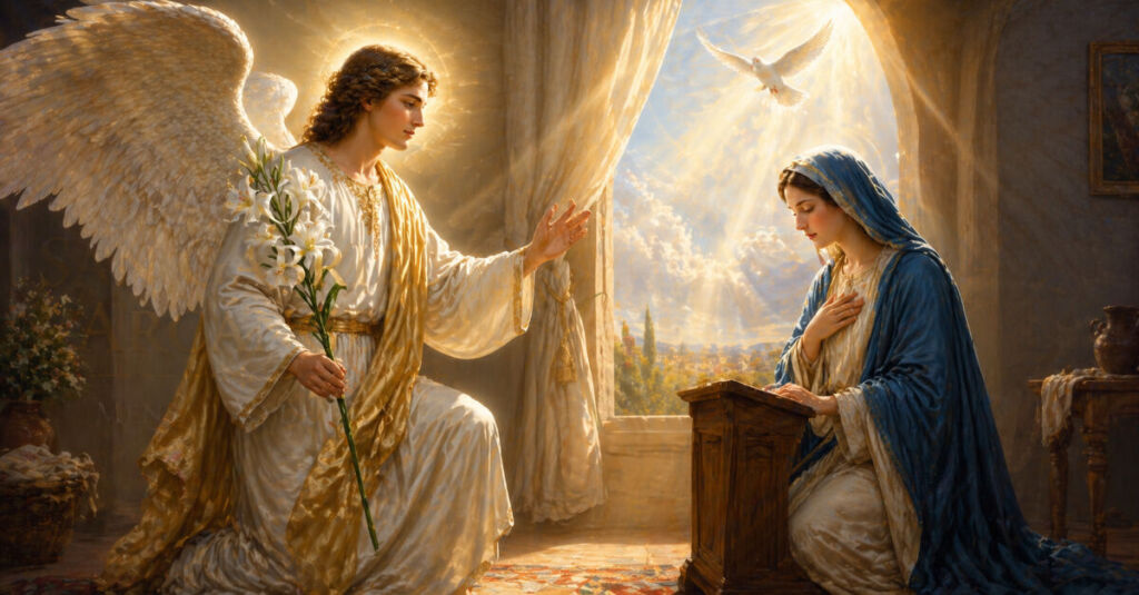 San Gabriel Arcángel mensajero de Dios anunciando un mensaje divino con luz celestial