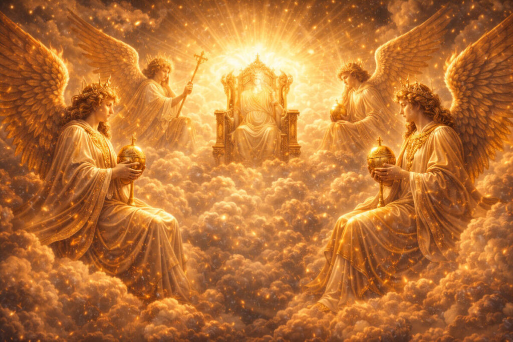 tronos ángeles alrededor del trono de Dios simbolizando la justicia divina en el cielo