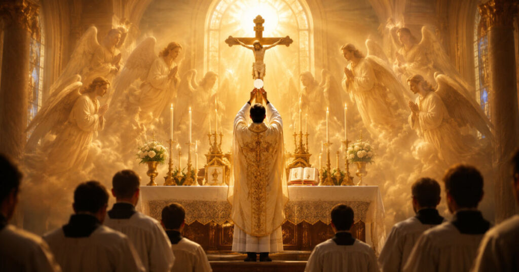 Ángeles en la Santa Misa adorando a Cristo presente en la Eucaristía