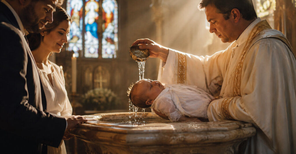 Bautismo católico con agua bautismal como signo de nacimiento a la vida cristiana