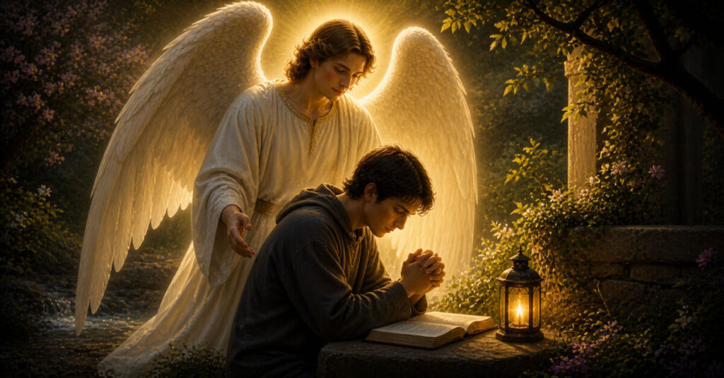 Persona hablando con su ángel de la guarda en oración con luz celestial y presencia divina