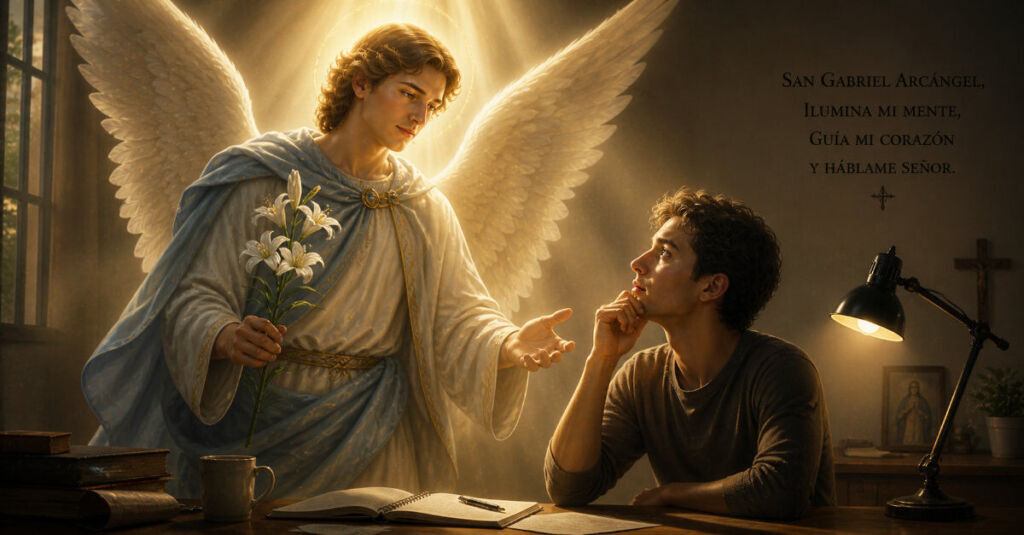 Pedir ayuda a San Gabriel Arcángel en momentos de duda con luz celestial y guía espiritual