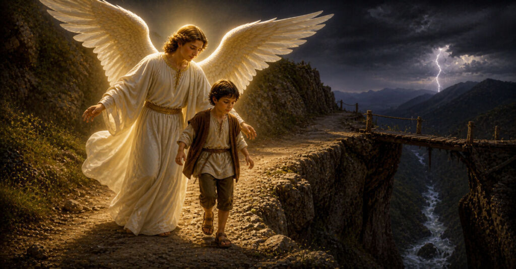 Ángel de la guarda protegiendo a una persona con luz celestial y presencia divina