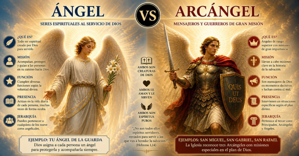 Diferencia entre ángel y arcángel con jerarquía celestial en luz divina