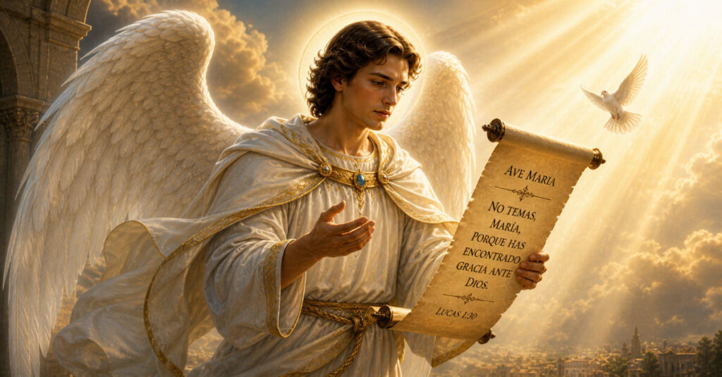 Curiosidades sobre San Gabriel Arcángel con representación en luz celestial y símbolo de pureza