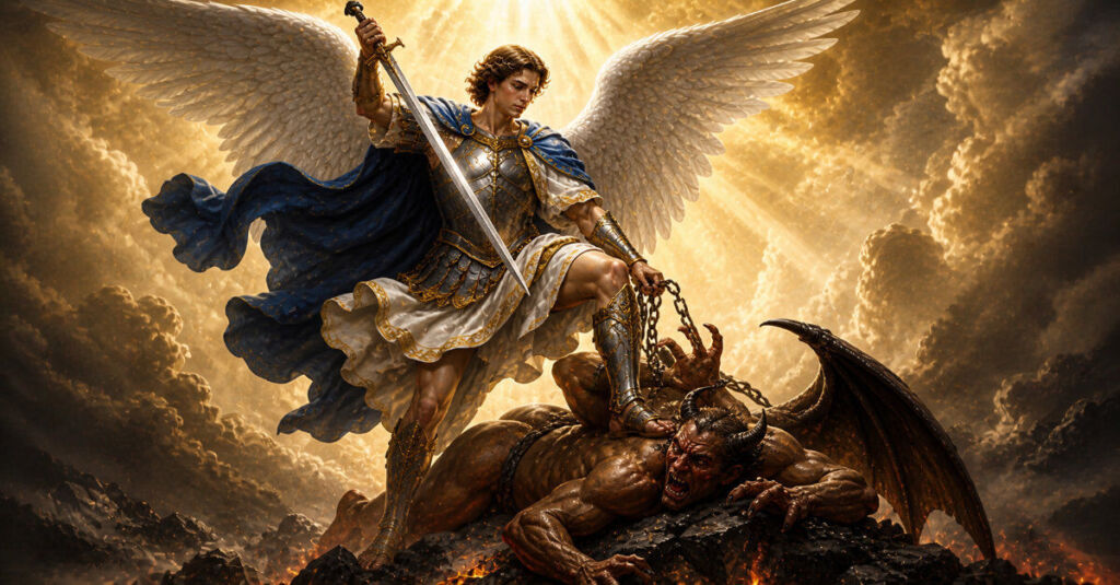 Curiosidades sobre San Miguel Arcángel con representación de lucha espiritual y luz divina