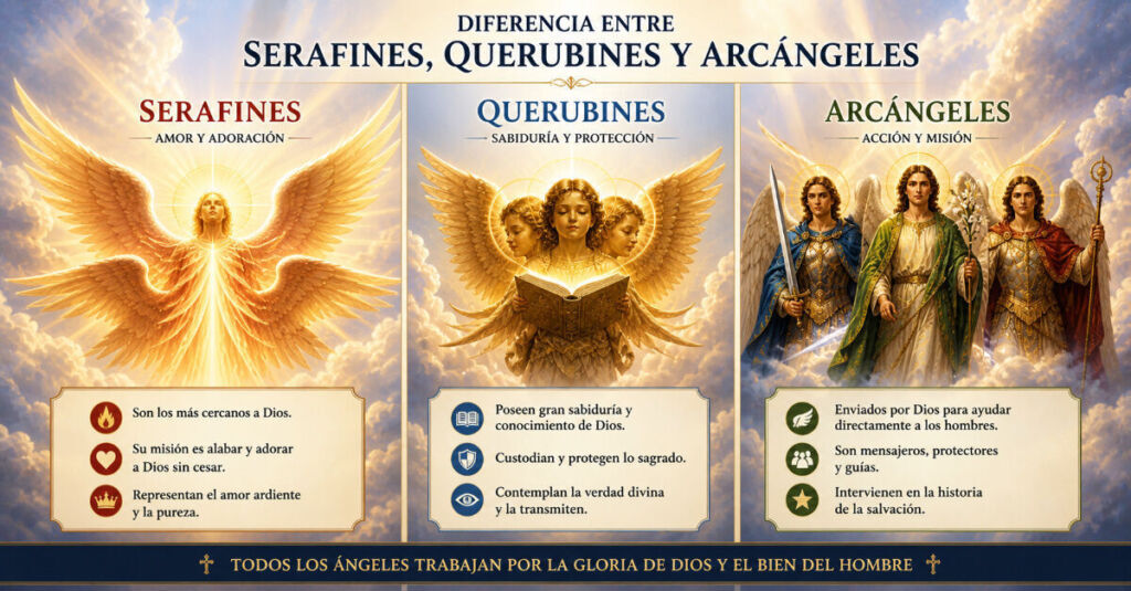 Diferencia entre serafines querubines y arcángeles en jerarquía celestial con luz divina