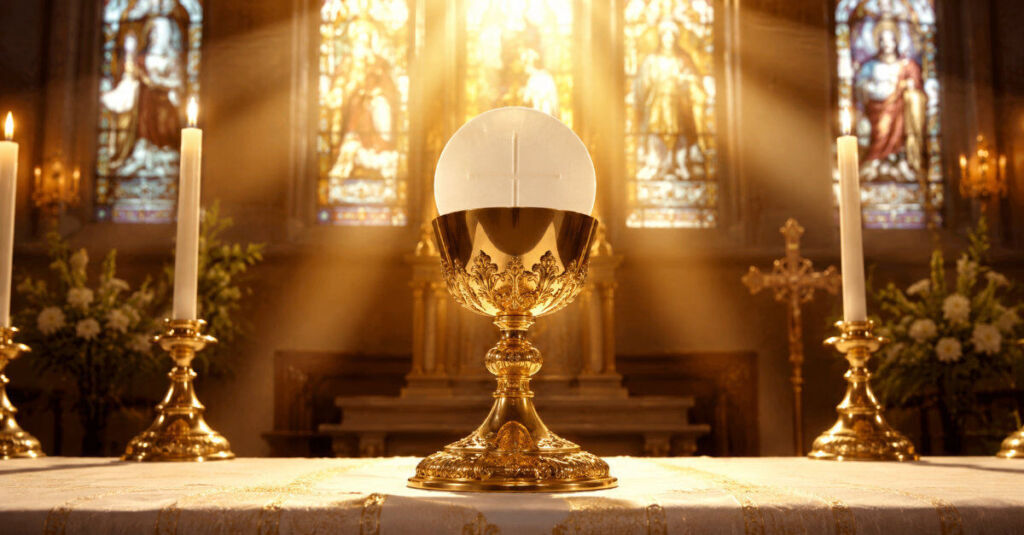 Eucaristía católica con cáliz y hostia consagrada como presencia real de Cristo