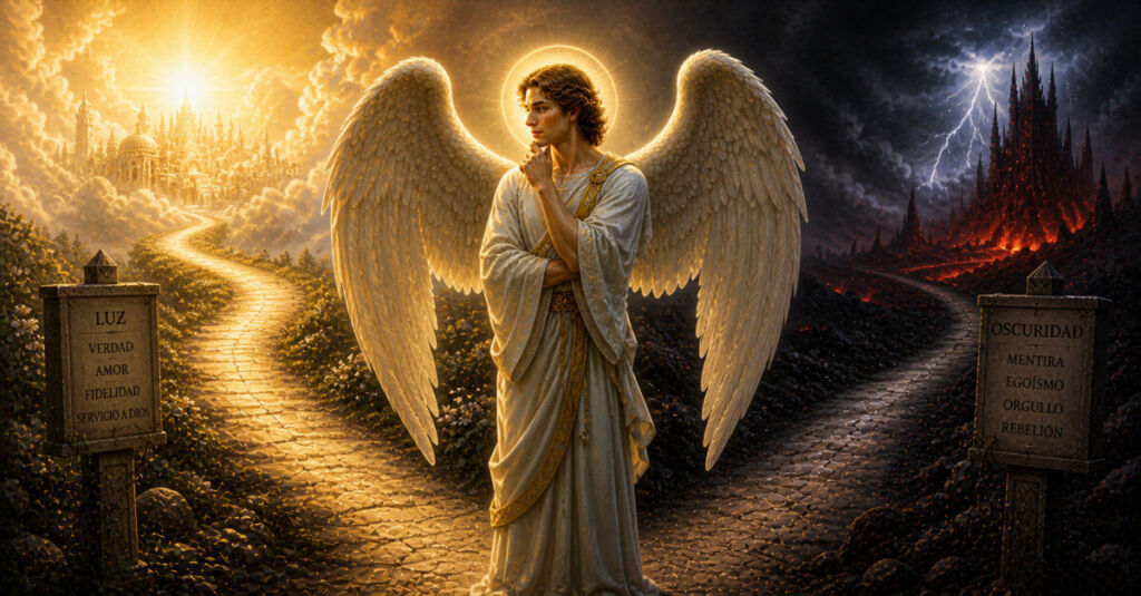 Inteligencia y voluntad de los ángeles representadas con luz divina y discernimiento espiritual