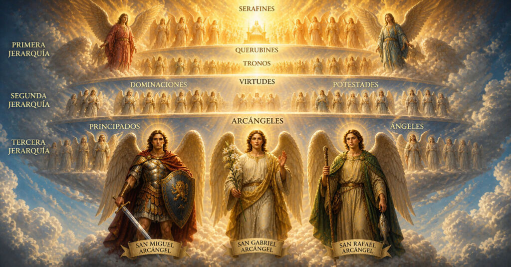 Jerarquía de los arcángeles en la Iglesia Católica con coros angelicales y luz celestial