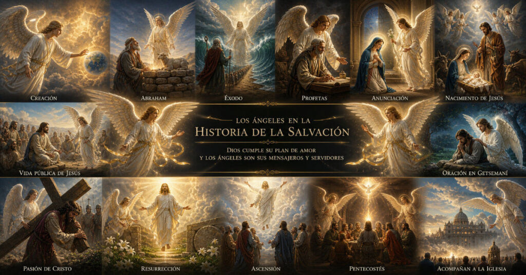 Misión de los ángeles en la salvación representada con luz divina y presencia junto a Cristo