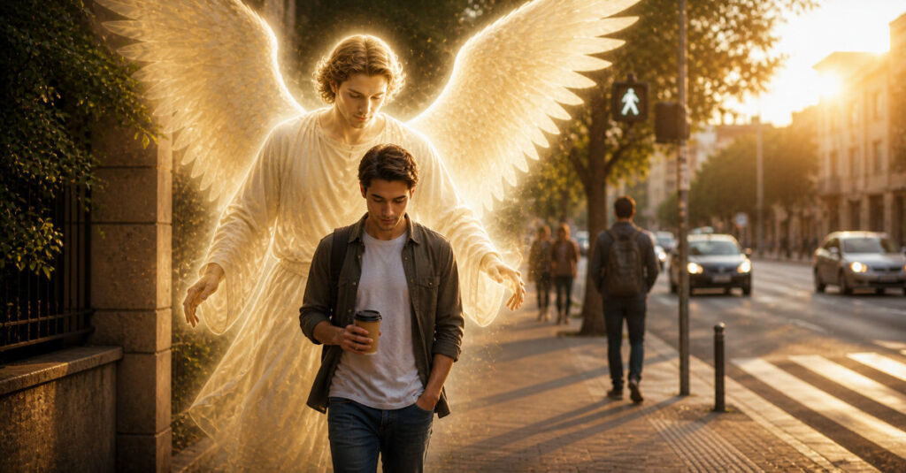 Ángeles en la vida diaria acompañando y protegiendo con luz celestial invisible