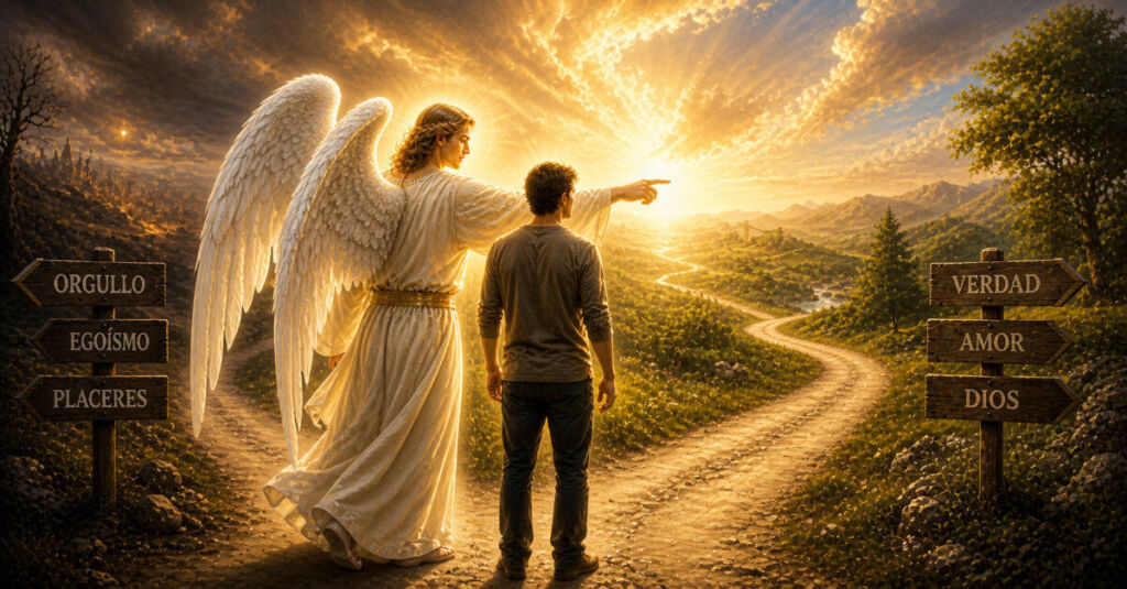 Ángeles como guías espirituales ayudando a una persona a tomar decisiones con luz celestial