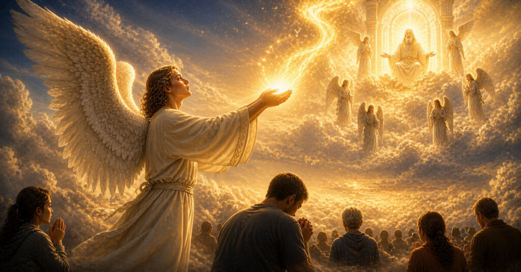 Ángeles intercesores presentando oraciones ante Dios con luz celestial