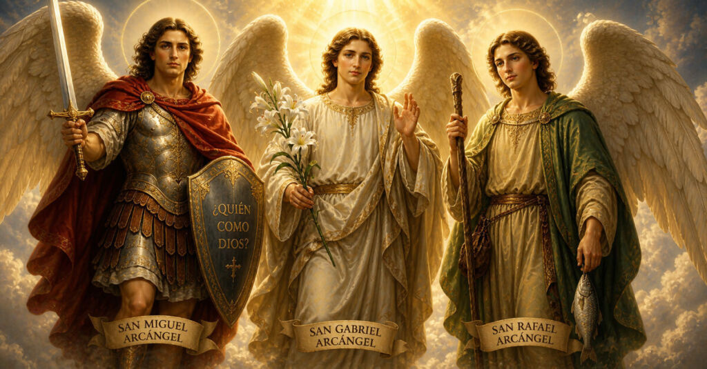Los tres arcángeles en la Iglesia Católica San Miguel San Gabriel y San Rafael con luz celestial