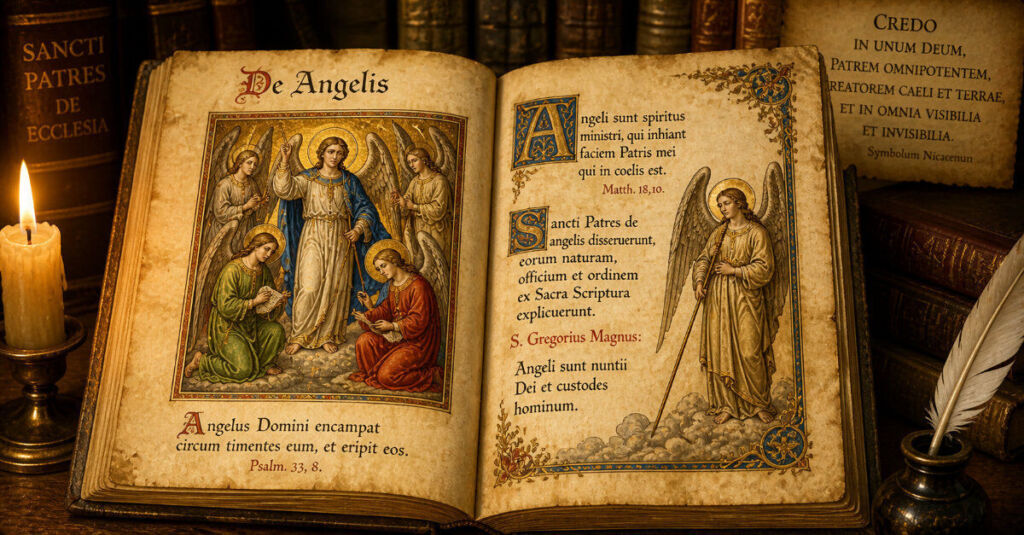 Padres de la Iglesia sobre los ángeles representados con enseñanza teológica y luz divina