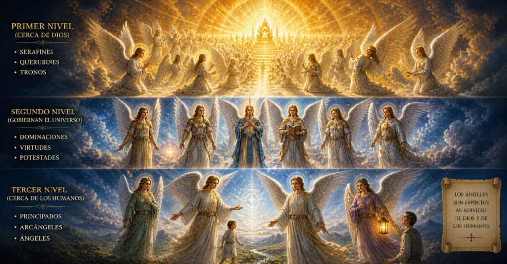 Qué es la teología angélica con representación de jerarquía de ángeles en luz divina