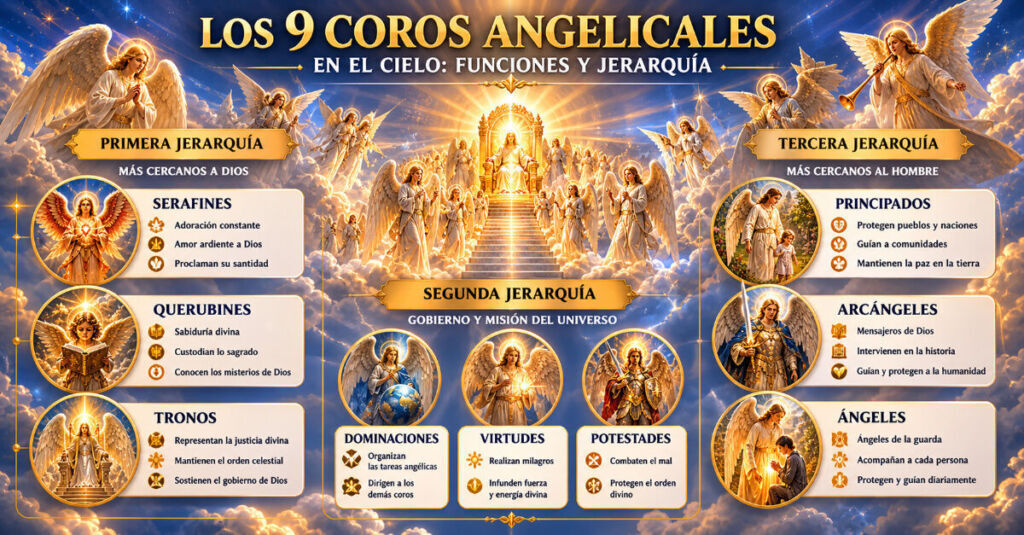 Coros angelicales en el cielo mostrando jerarquía y funciones con luz divina