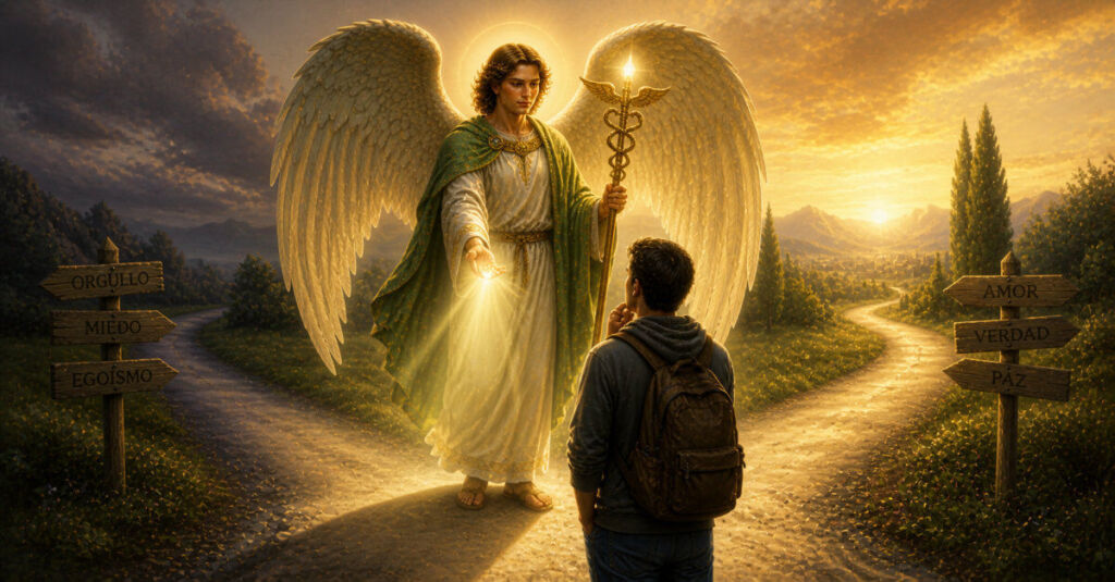 San Rafael Arcángel guiando en decisiones importantes con luz celestial