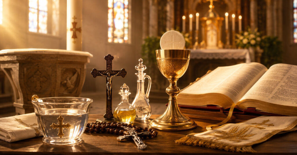 Diferencia entre sacramento y sacramental con signos católicos como cáliz rosario agua bendita y cruz