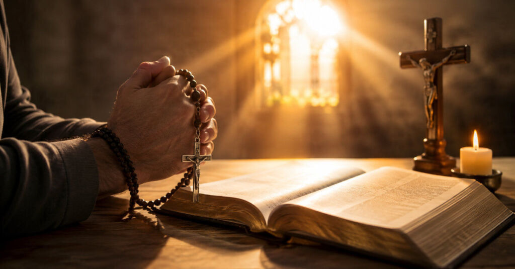 Examen de conciencia católico antes de la Confesión en un ambiente de oración y misericordia