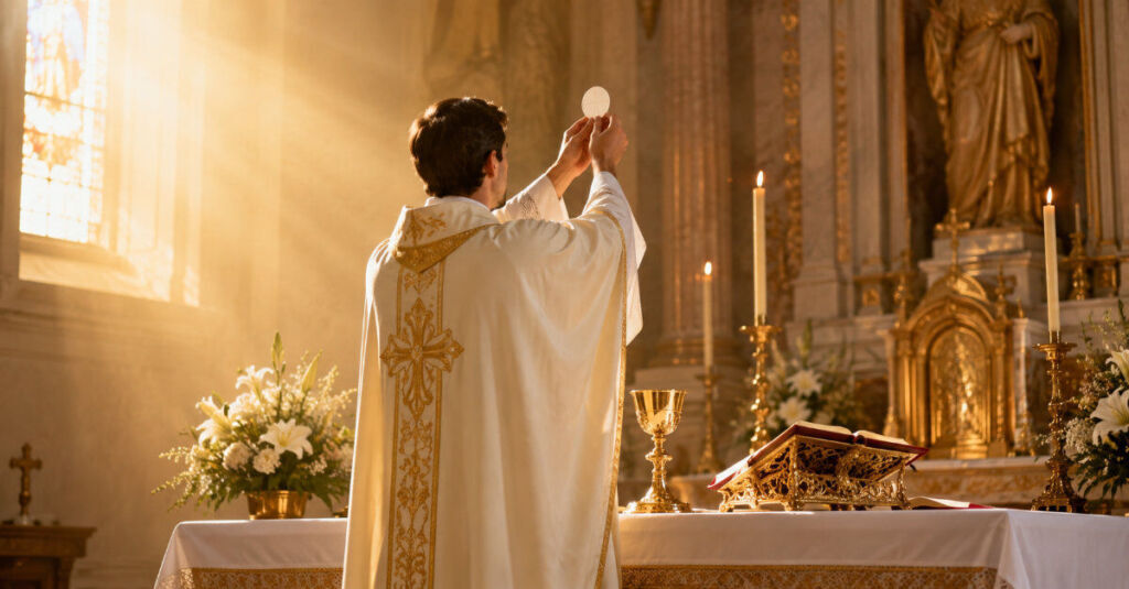 Orden Sacerdotal en la Iglesia Católica con obispo imponiendo las manos en una ordenación