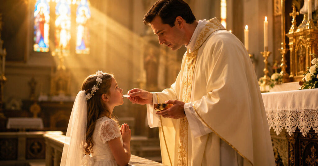 Primera Comunión católica de un niño recibiendo a Jesús en la Eucaristía