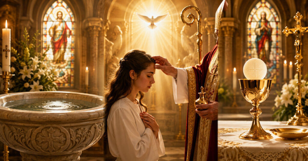 Sacramentos de iniciación cristiana con Bautismo Confirmación y Eucaristía en la Iglesia Católica