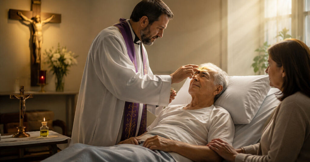 Unción de los Enfermos administrada por un sacerdote como sacramento de consuelo y fortaleza